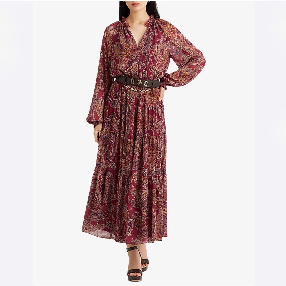 Lauren Ralph Lauren Long sleeve Peasant Layered Paisley Sheer Maxi Dress Size S